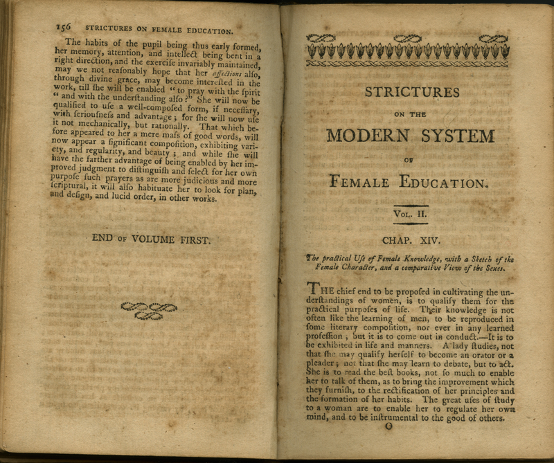 Pages 156-157 of the 3rd American Edition (1802) of Hannah More's Strictures on the Modern System of Female Education, With a View of the Principles and Conduct Prevalent among Women of Rank and Fortune