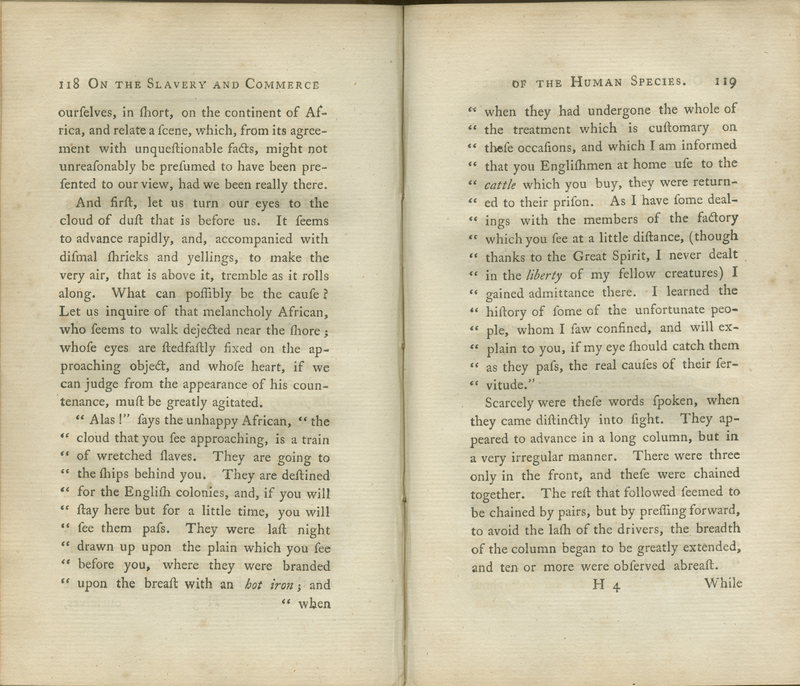 Pages 118-119 of the 1788 edition of Thomas Clarkson's <em>An Essay on the Slavery and Commerce of the Human Species....</em>