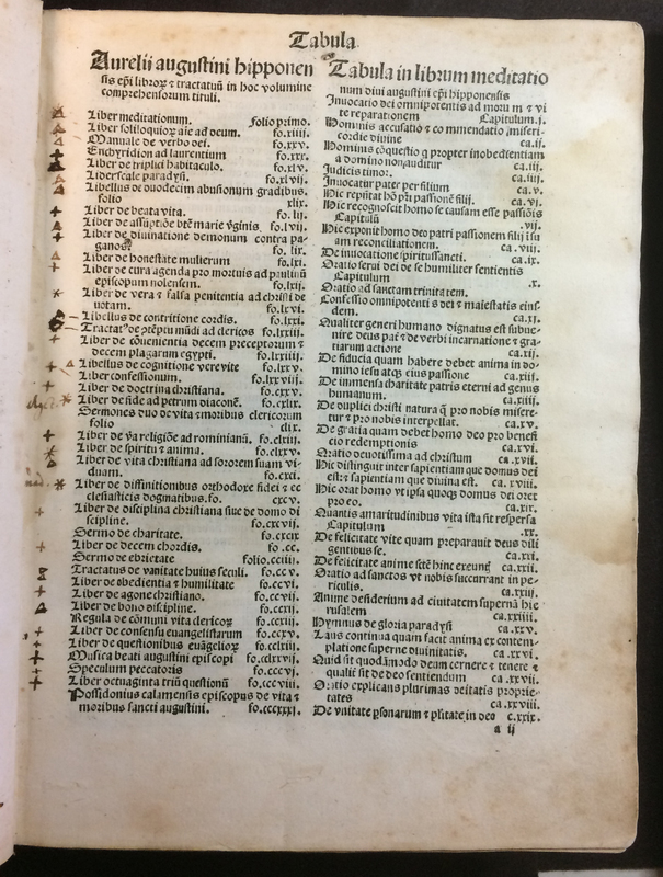 Table of contents from Aurelius Augustinus (354-430). Opuscula. Venice: Dionysius Bertochus, 26 March 1491.